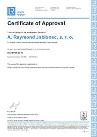 Certificate ISO 9001-2015, Jablonec (EN)